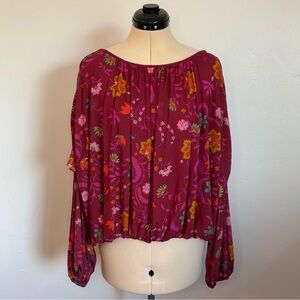 Free People Wildflower Honey Mesh Blouse Top in Red Berry, Floral, Oversized, M